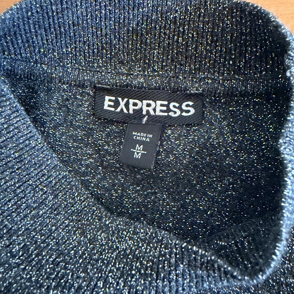 Express shimmer metallic Cropped Mock Neck‎ modern chic Sweater, Dark Gray/Black - Picture 2 of 5